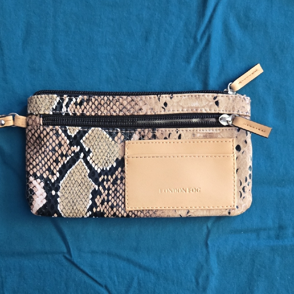 London Fog Tan and Black Snake Print Wristlet